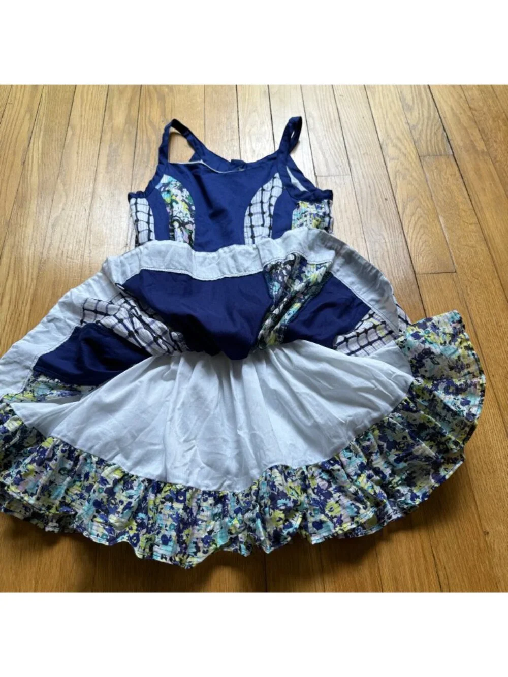 Catimini Girls Size 10 Blue Floral Striped Patchwork Sleeveless Ruffle Dress